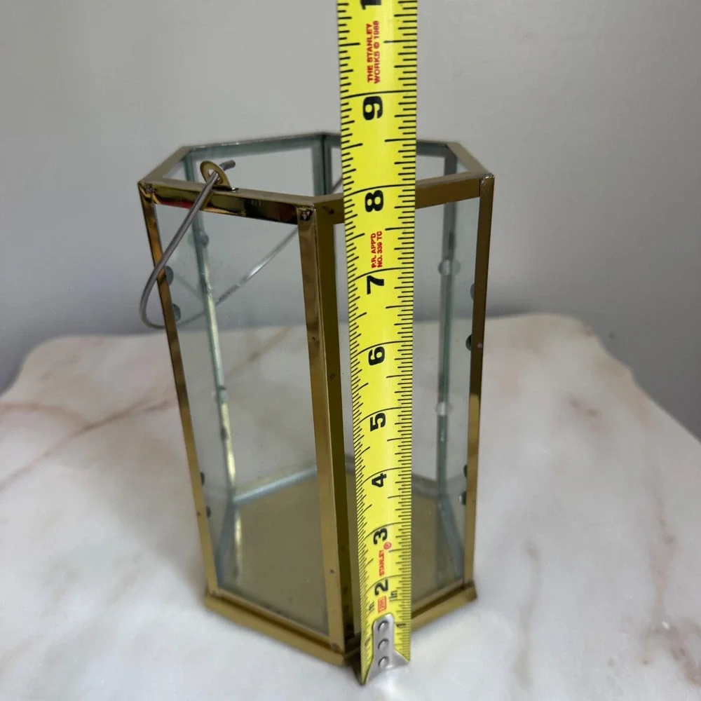 Gold Hexagon Glass Lantern Candle Holder Hanging Decorative Centerpiece 8.5in